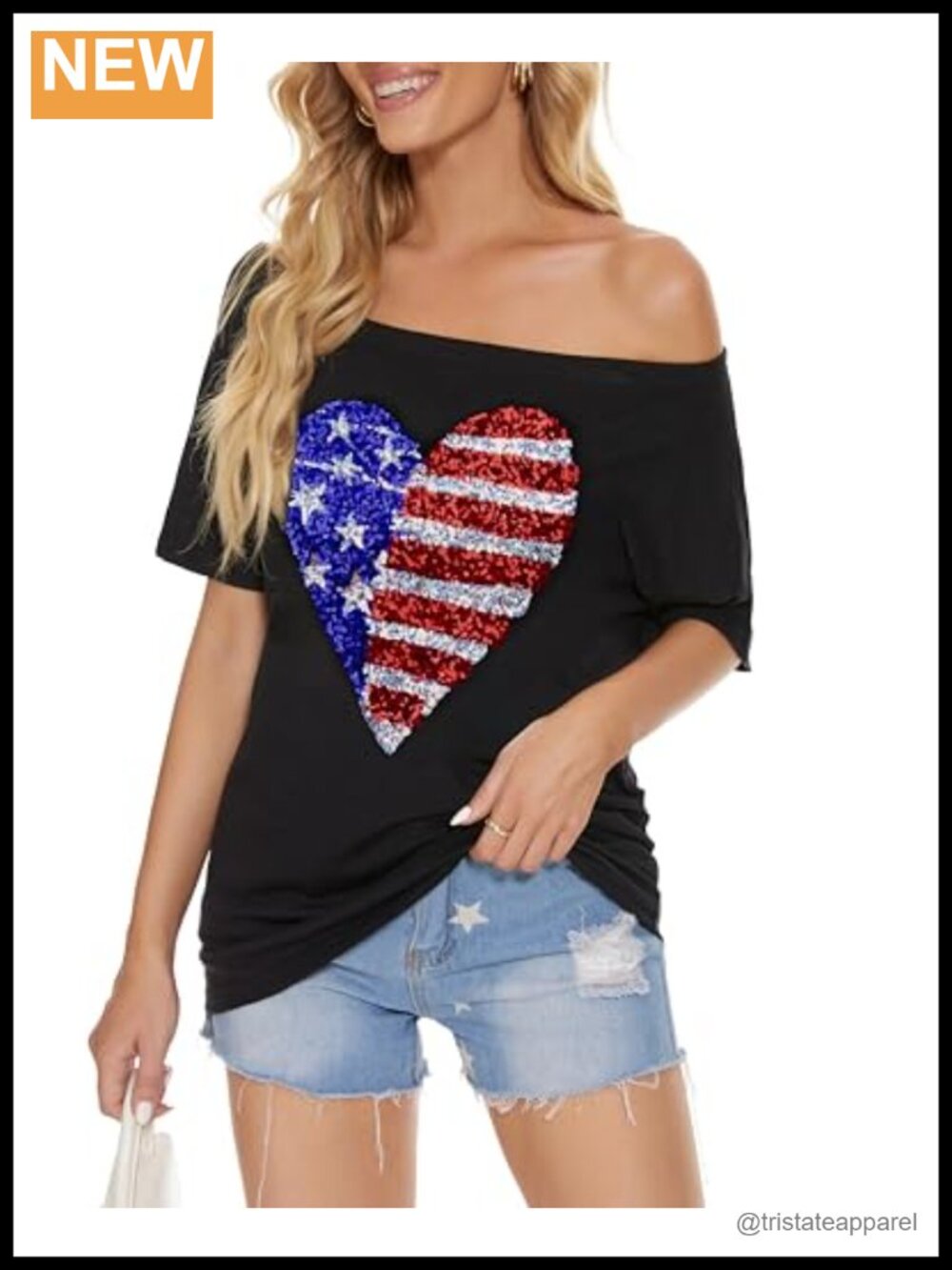 Off Shoulder Sequin Heart Patriotic Top | Lightweight Metallic Dolman Sleeve